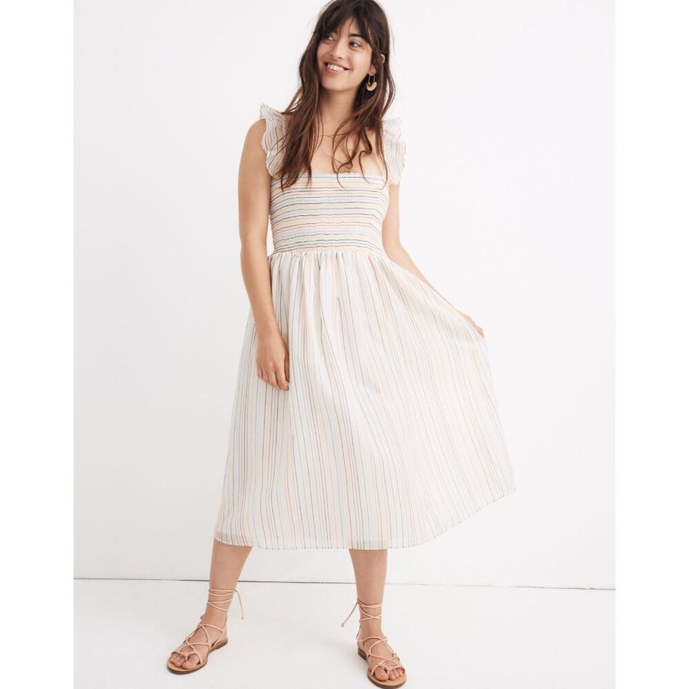 Madewell Ruffle Strap Smocked Midi Dress Rainbow Stripe Sleeveless Size Large